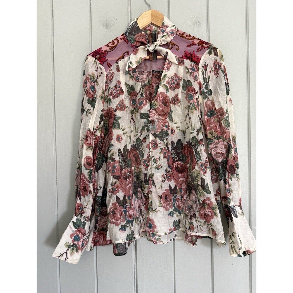 Aratta Silent Journey Blouse L Large Pink Long Sleeves Tie Neck Floral Boho